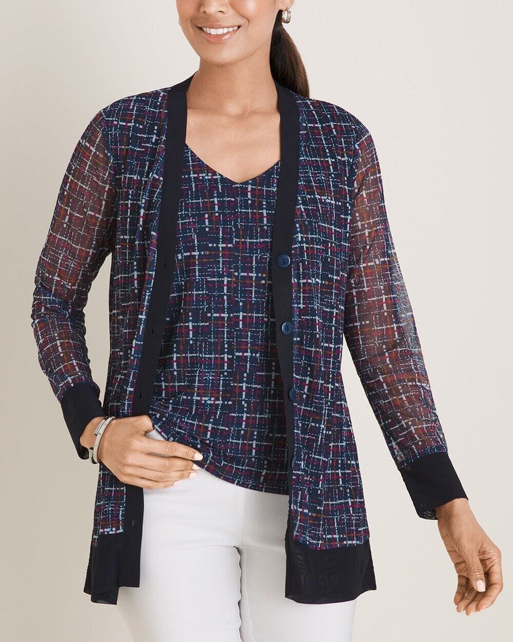 Chico’s Women's Size 0 US S Tweed Mesh Cardigan Sweater Long Sleeve Navy/Pink